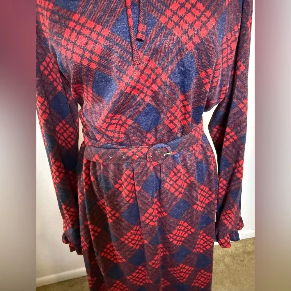 Vintage 70’s Red & Blue tartan plaid long sleeve midi dress belt, pockets 14 - Picture 2 of 9